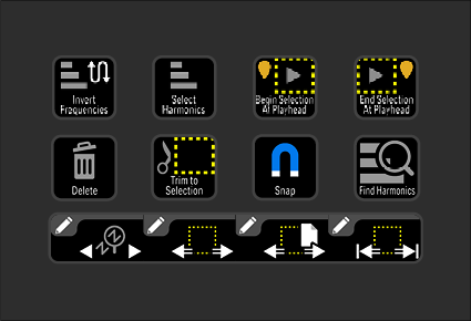 Screenshot of an audio editing app interface with icons for functions like invert frequencies, select harmonics, playhead controls, end selection, delete, trim to selection, snap, find harmonics, and various timeline editing tools.