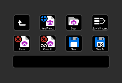 Screenshot of a software interface with icons labeled New Project, Open, Batch Process, Close, Close All, Save, Save As, and a large black input/output area.