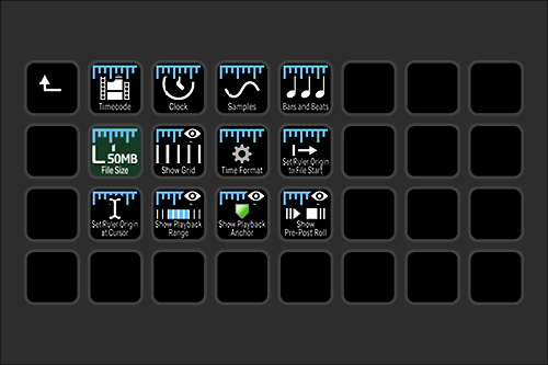 Digital audio workstation interface showing various controls such as tempo, clock, samples, bars and beats, file size, show grid, time format, playback range, pre-post roll, and anchor.
