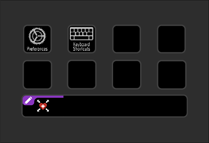 Computer screen showing a grid layout with icons labeled Preferences and Keyboard Shortcuts, and a highlighted bar with a purple circle containing a pencil icon, a blue heart, and a white arrow.