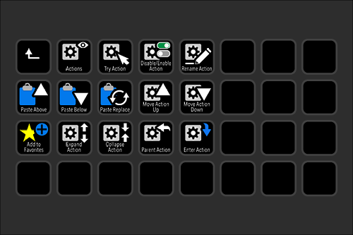 Grid of black icons with white symbols and blue highlights, representing actions such as paste above, paste below, move, expand, collapse, parent aid, enter action, and enable/disable actions.