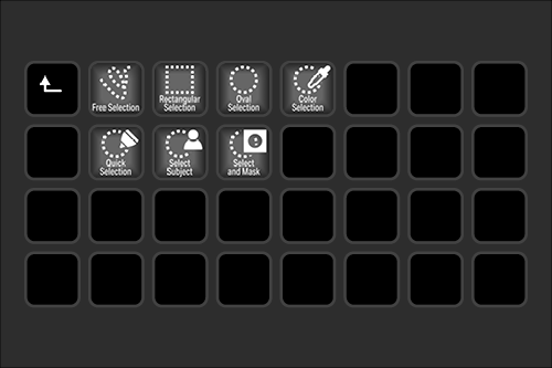 Screenshot of a digital editing software interface with various selection tools such as Free Selection, Rectangular Selection, Oval Selection, Color Selection, Quick Selection, Select Subject, and Select and Mask.