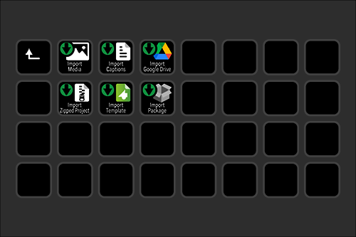 Computer screen showing a file folder window with several folders labeled for importing media and project files, including 'Import Media 3,' 'Import Captions,' 'Import Google Drive,' 'Import Zipped Project,' 'Import Template,' and 'Import Package.'