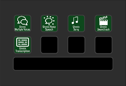 Icons representing different features of a voice synthesis application, including multiple voices, noisy speech, song, soundtrack, transcription, and three empty slots.