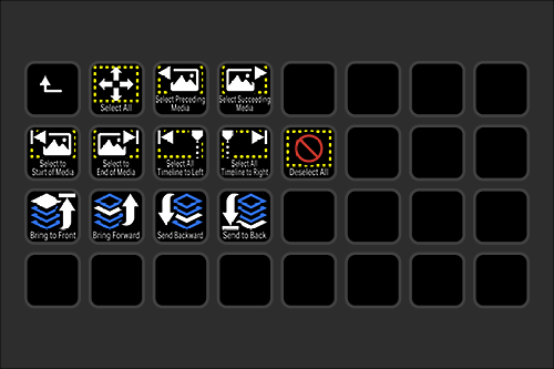 Screen with icons for media selection, editing, and sending, including options to select all, start/end of media, timeline, and various view controls.