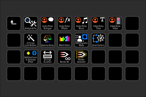 Screenshot of a video editing software interface showing various icons for effects and adjustments such as analysis, color balance, keyframe addition, and rendering options.