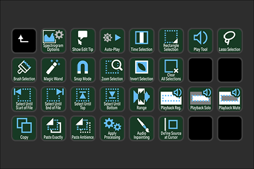 Screenshot of a software interface with various editing tool icons including splice, show tip, auto fade, time selection, rectangle selection, play tool, lasso selection, brush selection, magic wand, zoom mode, invert selection, check all selections,