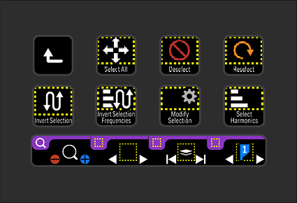 A digital editing toolbar with icons for selecting, deselecting, reshaping, inverting selection, modifying selection, selecting harmonics, and navigation tools. The interface has black, purple, and yellow accents.