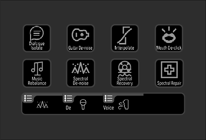 A digital audio workstation interface with multiple icons for audio effects and controls, including dialogue isolate, guitar de-noise, interpolate, mouth de-click, music rebalance, spectral de-noise, spectral recovery, spectral repair, and sliders fo