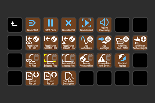Screenshot of a software interface with various toolbar buttons related to batch processing, file management, and error handling.