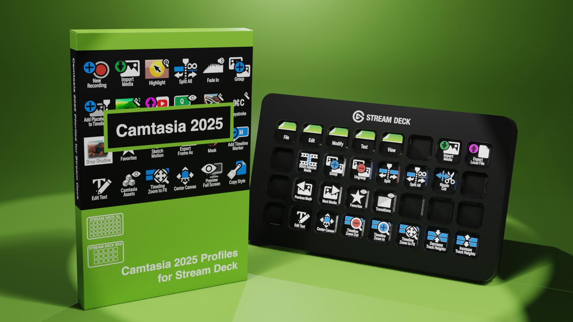 Camtasia 2025 profiles for Stream Deck, showing a black Stream Deck XL controller with customizable buttons and a green product box with instructions and icons on a lime green background.