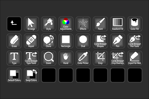 Screenshot of a digital design software toolbar featuring tools for arranging, styling, color adjustments, effects, painting, gradient and color fill, erasing, repairing, cloning, shapes, paint, gradient fill, color fill, typing, zooming, cropping, c