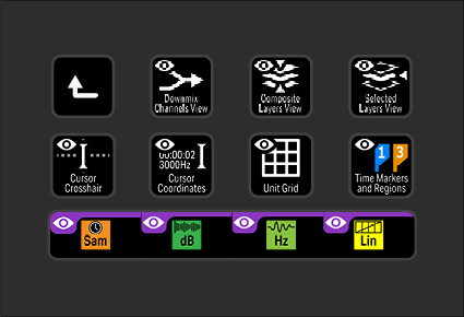 Audio and video editing software interface with various tools and controls, including cursor options, channel views, grid toggle, time markers, and measurement tools.
