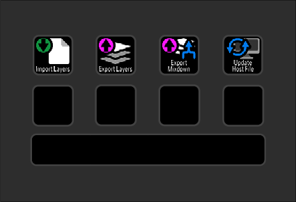 Screenshot of a software interface showing four icons labeled Import Layers, Export Layers, Export Mixdown, and Update Host File, with three empty slots below and a black horizontal area underneath.