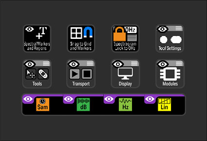 A digital interface display with icons for spectral analysis, terrain grid, spectrogram, tool settings, tools, transport, display, modules, and markers, along with color-coded labels for settings like sample rate, decibels, frequency, and link.