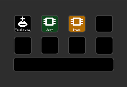 A digital control panel with icons labeled Voice Enhance, Apply, and Bypass, along with empty slots for additional controls.