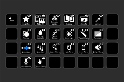Screen capture of a software interface showing various icons for media and editing tools, including favorites, media bin, library, callouts, arrows, shapes, blur and highlight, sketch motion, keystroke, visual effects, transitions, animations, behavi