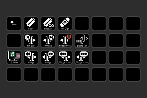 A digital video editing interface with various editing tools and icons such as blade, trim, join, extend, and audio alignment, arranged in a grid.