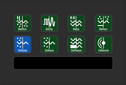 Audio effect icons for Declick, Declip, DeEss, DeHum, DeNoise, DePlosive, DeReverb in a digital audio software interface.