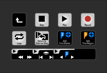 Screenshot of a media control interface with buttons for loop, stop, play, record, return to start on stop, add time marker, add time region, and skip buttons, including a timeline bar with playback controls.