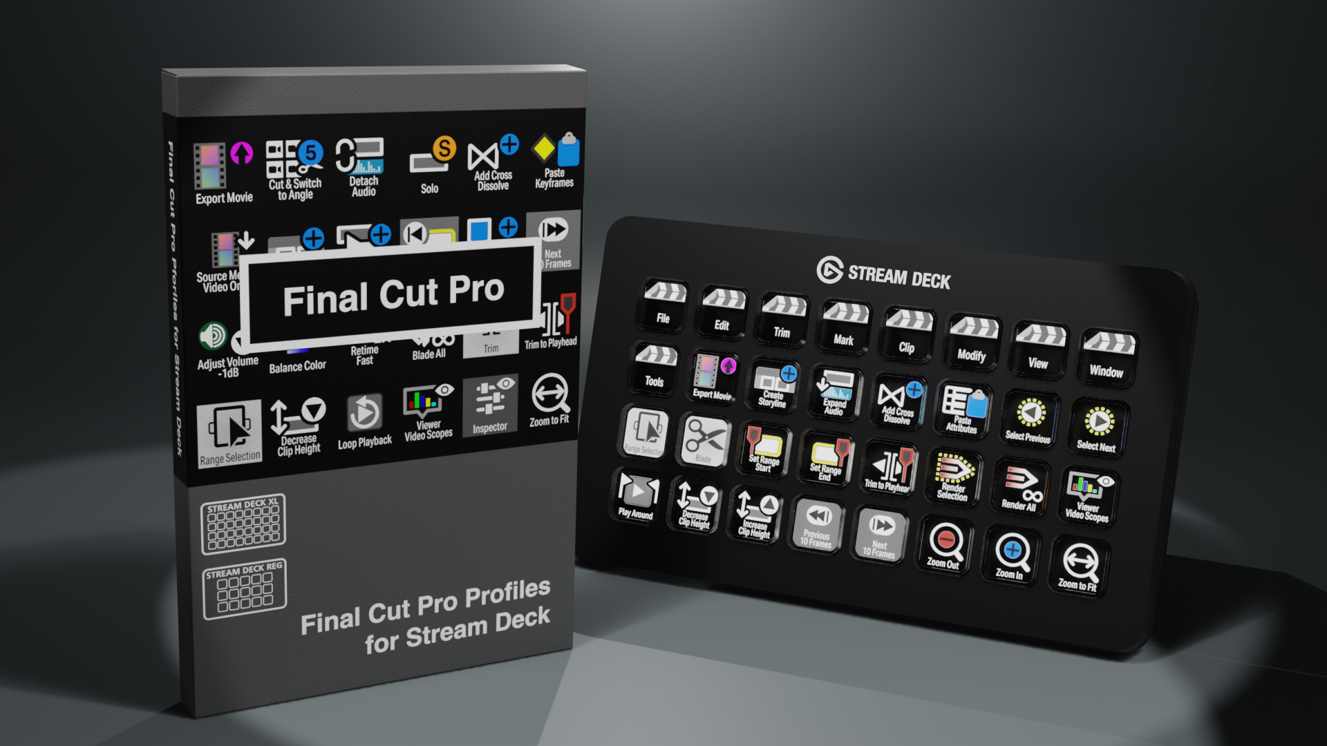 A boxed package of Final Cut Pro profiles next to a black Stream Deck controller with labeled buttons for video editing functions.