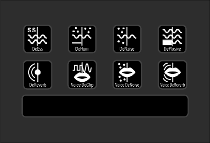 A grid of eight icons representing various audio effects, such as DeSss, DeHum, DeNoise, DePlaosive, DeReverb, Voice DeClip, Voice DeNoise, and Voice DeReverb, with a blank space below.