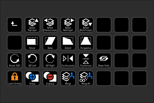 Screenshot of photo editing or graphic design software toolbar with icons for layer selection, resizing, skewing, distorting, perspective, rotation, flipping, hiding, locking, grouping, ungrouping, merging, and merging all.