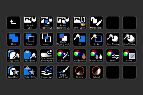 Screenshot of a digital image editing software interface with various tools and options including fill, create masking, stroke, drop shadow, copy styles, hue, balance, curves, and effects.