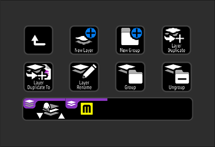 Screenshot of a graphic editing software interface with icons for layering, creating new layers and groups, renaming and ungrouping layers, and editing tools. The bottom layer shows a purple shape and a yellow 'M' symbol.