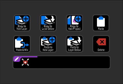 Screenshot of a digital workspace or software interface with icons for copying, pasting, and deleting layers and projects, including a purple feature at the bottom with a heart and plus sign.