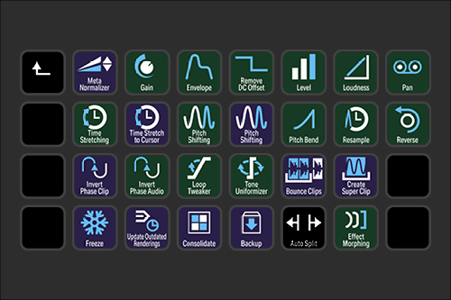 A digital video editing software interface showing various editing tools, including normalize, gain, envelope, remove DC offset, level, loudness, pan, time stretch, pitch shift, pitch bend, resample, reverse, invert clip, loop tweak, tone uniformer, 