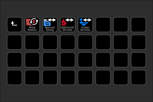 Screenshot of a digital audio workstation interface with seven icons, including 'Reload Database,' 'Reconnect Catalog,' 'Blackfire B2 Connector,' and 'Dropbox Connector,' on a dark background.
