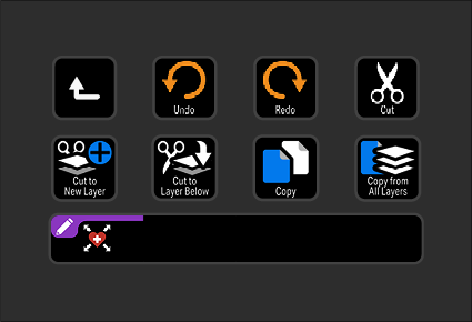 Screenshot of a photo editing software toolbar with tools for undo, redo, cut, copy, layers, and a purple pen with a heart icon.
