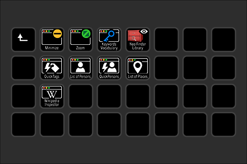 Screenshot of a tablet or device screen showing app icons for tools including Minimize, Zoom, Keywords Vocabulary, Neo Finder Library, QuickTags, List of Persons, QuickPersons, List of Places, Wikipedia Inspector, with some empty app slots.