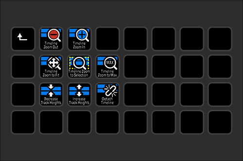 A grid of video editing software icons, including options for zoom out, zoom in, zoom to fit, zoom to selection, zoom to maximum, decrease track heights, increase track heights, and detach the timeline.