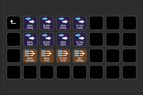 Audio synthesis software interface with various audio sample and parameter icons, including analog and digital frequency settings, and an MP3 file at 320 kbps.