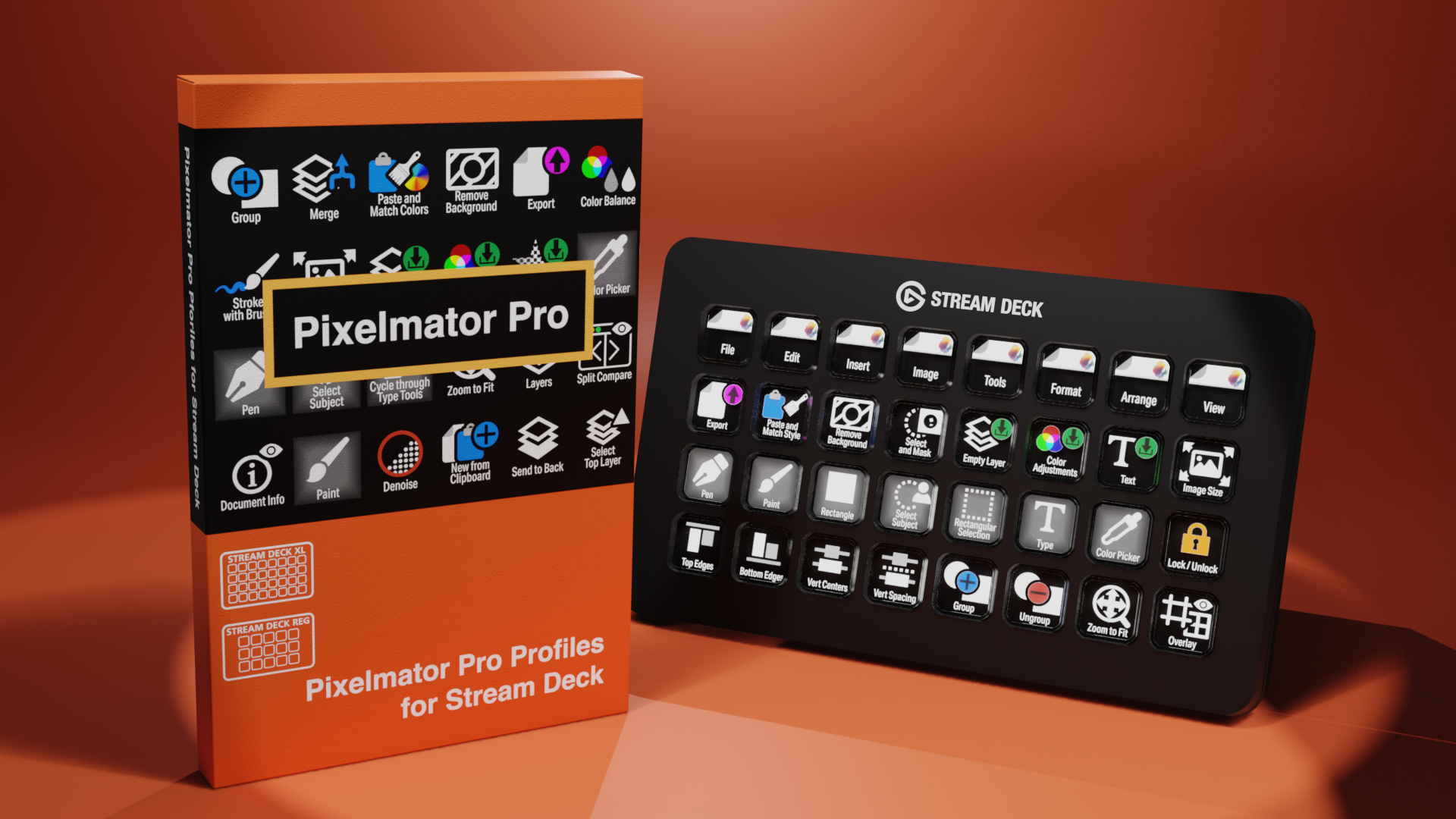 The image features a Pixelmator Pro software box with a black stream deck device beside it. The box shows various icons and features of Pixelmator Pro, with the text 'Pixelmator Pro Profiles for Stream Deck.' The stream deck has multiple small buttons with icons for different editing functions like file, edit, insert, image, tools, format, arrange, view, and others. The background is a warm, gradient reddish-brown.