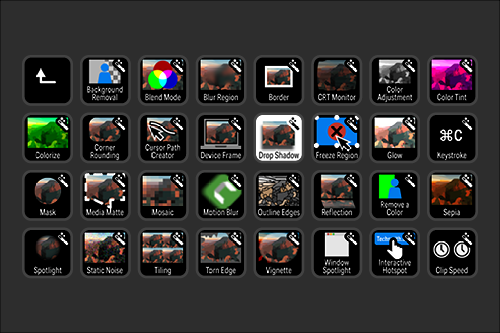 Screenshot of a digital device interface displaying various editing and customization tools such as background removal, blend mode, border, color adjustment, clip speed, glow, keystone, and more.