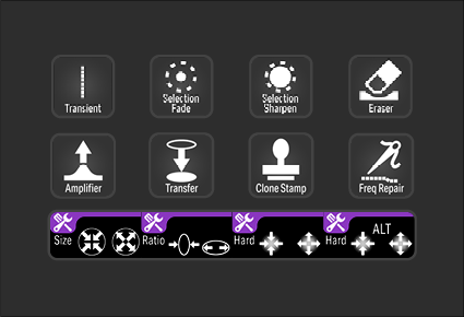 Screenshot of a digital interface with various editing tools and settings, including options labeled Transient, Selection Fade, Selection Sharpen, Eraser, Amplifier, Transfer, Clone Stamp, Freq Repair, and adjustment sliders for Size, Ratio, Hard, an