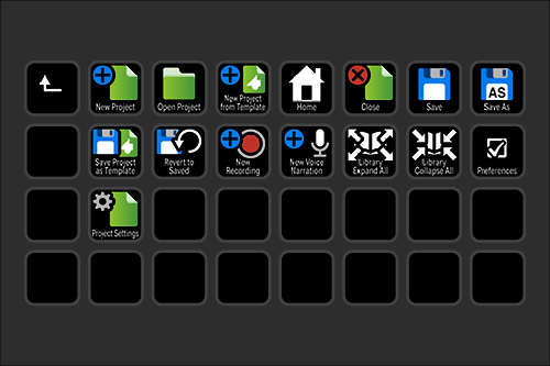 Screenshot of a software interface with icons for creating, opening, saving projects, and other file management options.