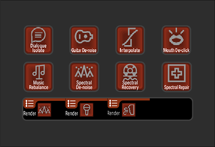 Screenshot of audio editing software with icons for various sound processing tools including Dialogue Isolate, Guitar De-noise, Interplate, Mouth De-click, Music Rebalance, Spectral De-noise, Spectral Recovery, Spectral Repair, and render options.
