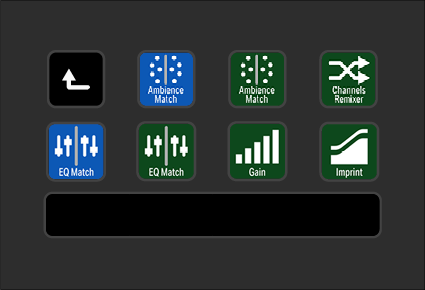 Screenshot of audio mixing software interface with icons for various audio effects and settings, including ambiance match, EQ match, channels remixer, gain, and imprint, on a dark background.