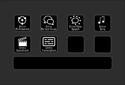 A digital interface with icons for various voice and audio features, including multichannel, multiple voices, noisy speech, song, soundtrack, transcription, and a large black bar at the bottom.