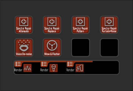 Screenshot of a video editing software interface with various repair and rendering tools, some labeled for spectral repair, voice denoising, and rendering effects.