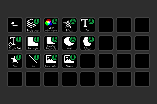 A screenshot of a digital editing software interface showing toolbar icons for various editing tools such as layers, color adjustments, effects, text, shapes, and media options.