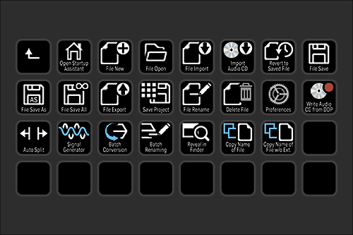 A digital user interface with icons for file management and audio editing options.