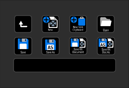 Computer screen showing a file management interface with icons for New, New from Clipboard, Open, Save, Save As, Save RX Document, and Save RX Doc As.