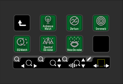 A digital audio control panel with various icons, including options for ambiance match, de-hum, de-reverb, EQ match, spectral de-noise, voice de-noise, and a navigation bar with directional and zoom controls.