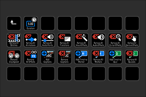 Video editing software interface with multiple icons for tools like 'Remove All Stitches,' 'Remove All Animations,' 'Remove All Audio Points,' and other video editing options.