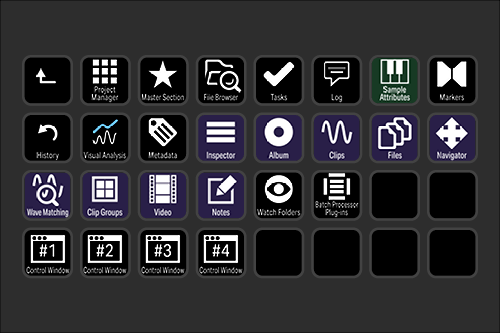 Screenshot of a digital software interface with icons labeled for project management, media, and control functions.